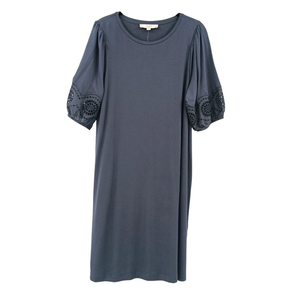 Loft Gray Dress With Eyelet Sleeves Size Medium Stretch Jersey NWT